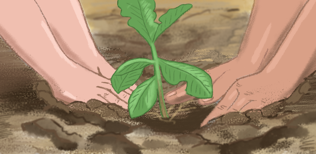 Illustration of two people putting a plant into the soil, signifying the nurturing role of the nonprofit board chair