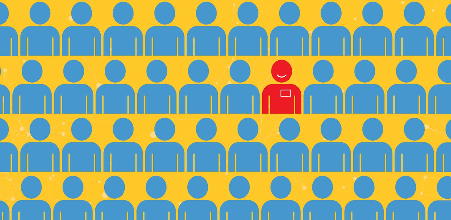 Illustration of a happy volunteer amid a crowd