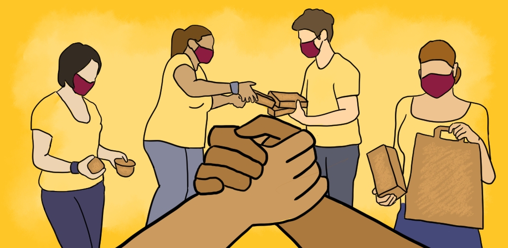 An illustration showing 2 hands clapsed in the foreground, and 4 people in the background carrying boxes and bags.