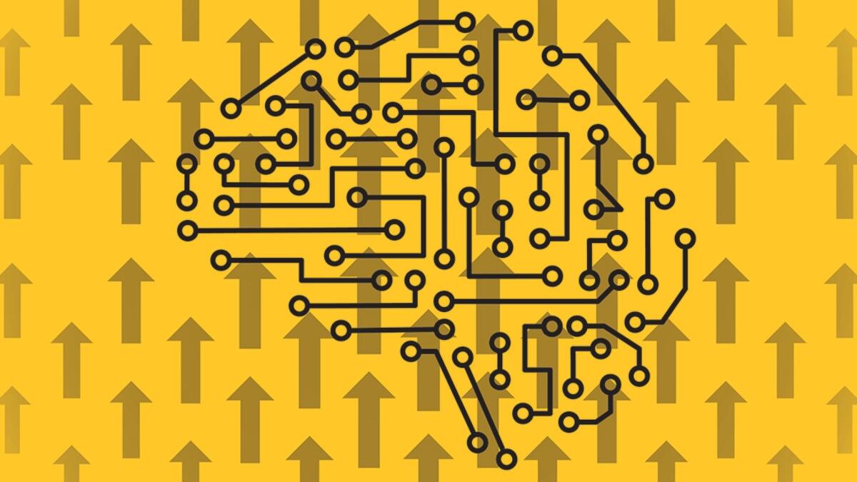 Illustration of a brain made out of links behind a background of upward arrows