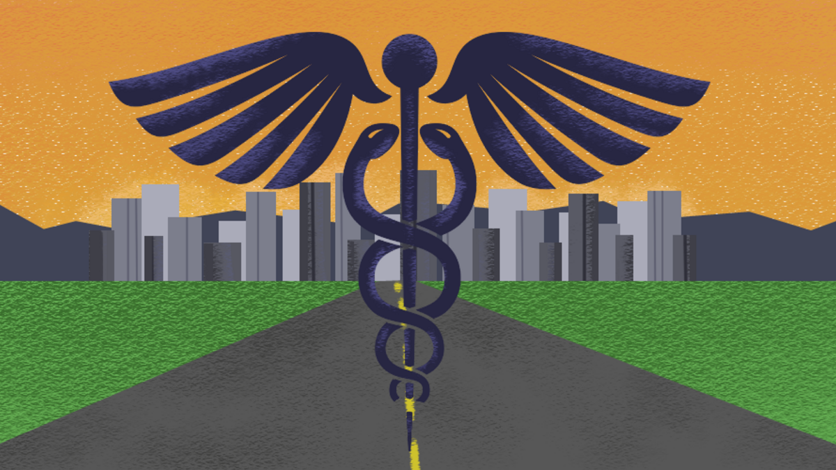 Illustration of a caduceus in front of a city